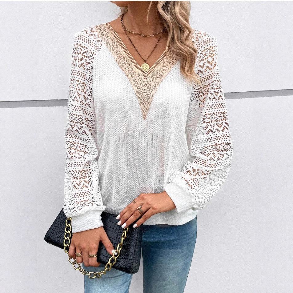 Damen Elegantes V-Ausschnitt Shirt mit Spitzenärmeln Drune