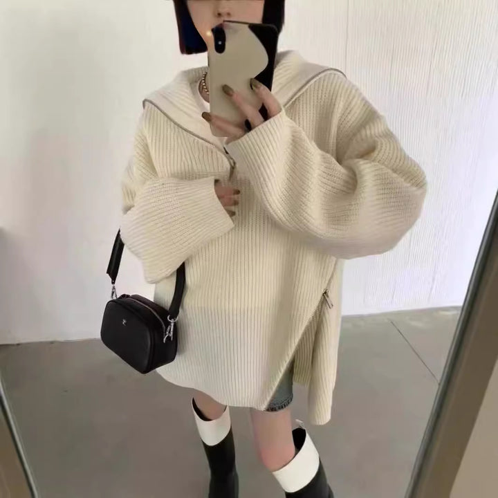 Damen Oversized Strickpullover mit Reißverschluss und seitlichen Schlitzen Drune