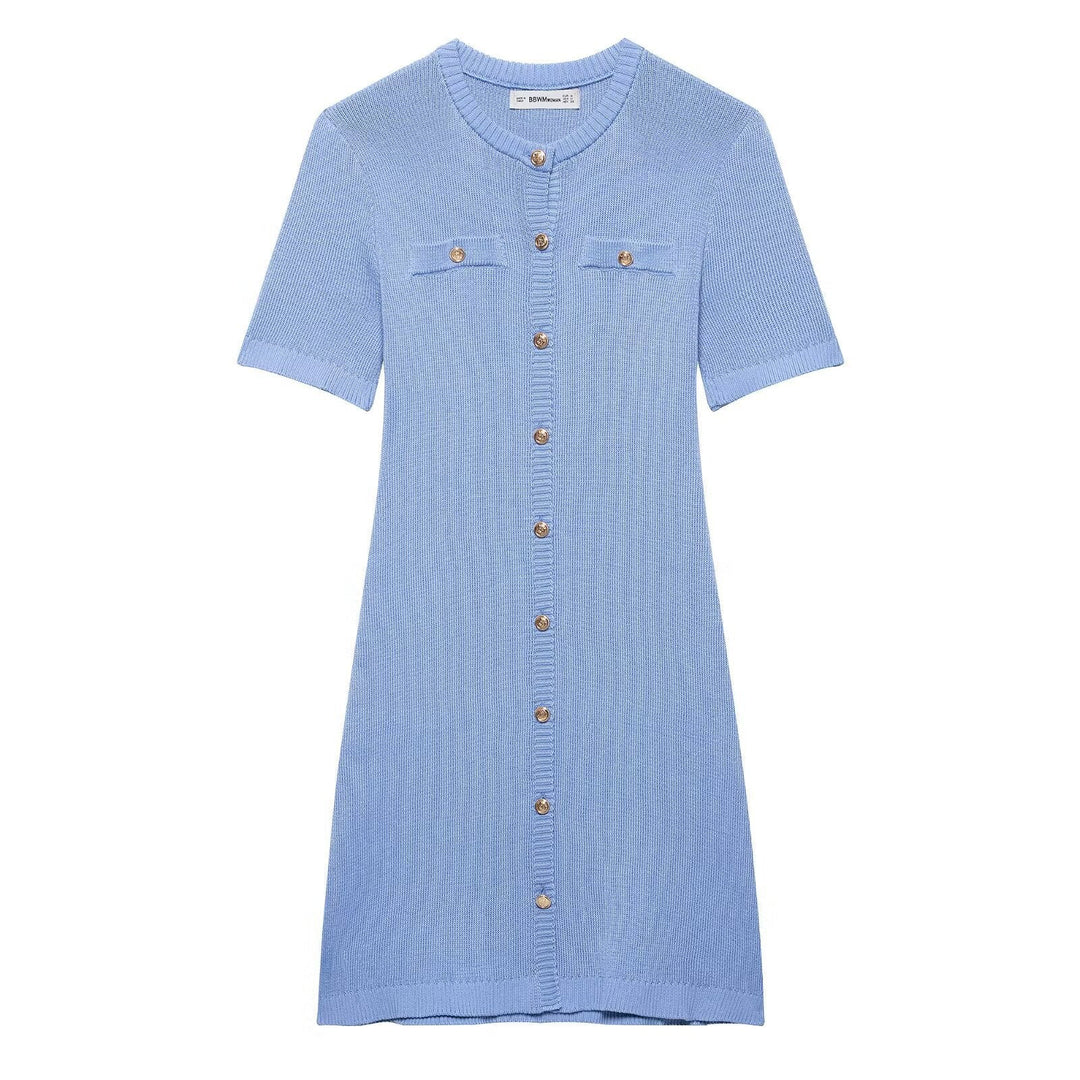 Damen Strickkleid mit kurzen Ärmeln und Knopfleiste Drune