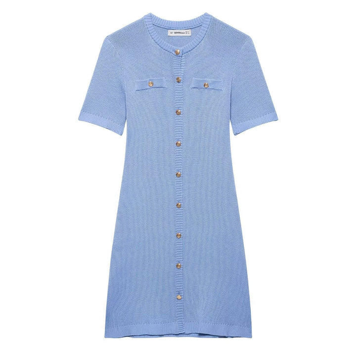 Damen Strickkleid mit kurzen Ärmeln und Knopfleiste Drune