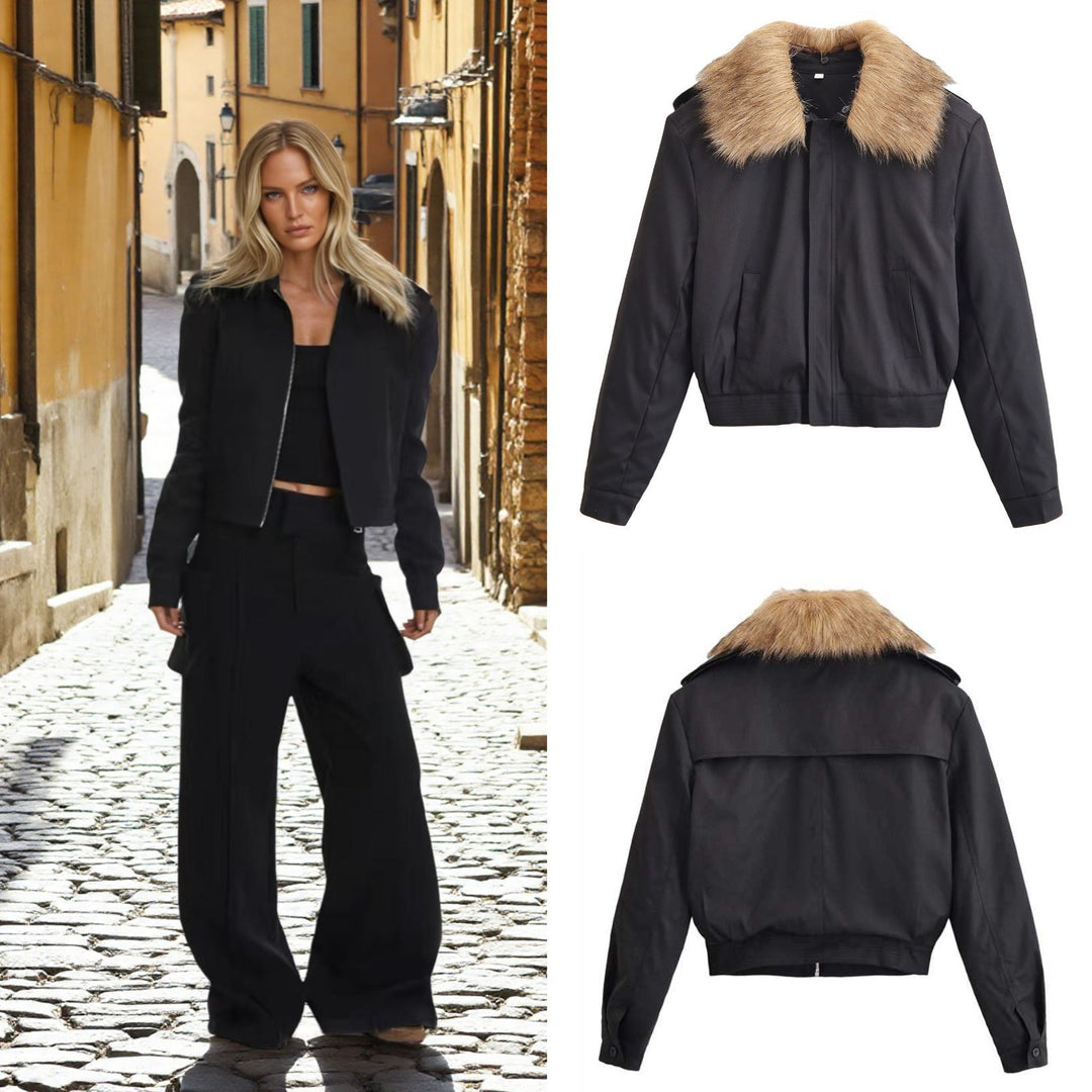 Damen Kurze Bomberjacke mit abnehmbarem Faux-Fur-Kragen Drune