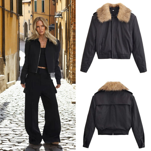 Damen Kurze Bomberjacke mit abnehmbarem Faux-Fur-Kragen Drune