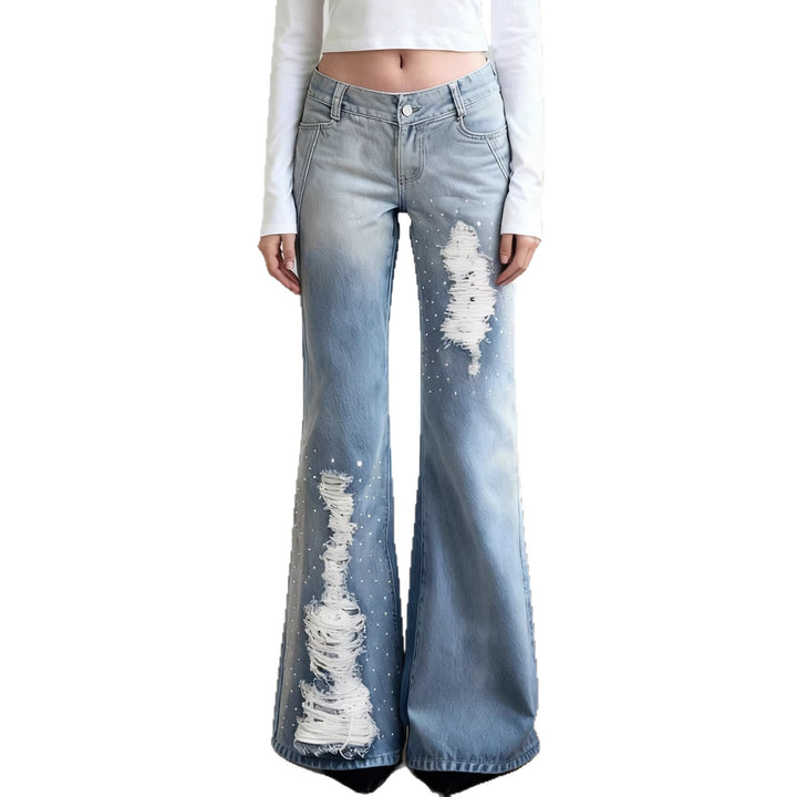 Damen Weite Schlagjeans mit hoher Taille, ausgefransten Rissen und Perlenapplikation Drune