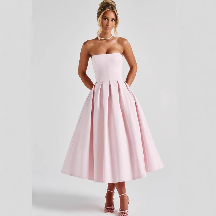 Damen A-Linien Abendkleid mit tiefem Wasserfallausschnitt und elegantem Plissee Drune