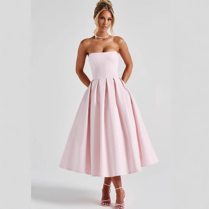 Damen A-Linien Abendkleid mit tiefem Wasserfallausschnitt und elegantem Plissee Drune