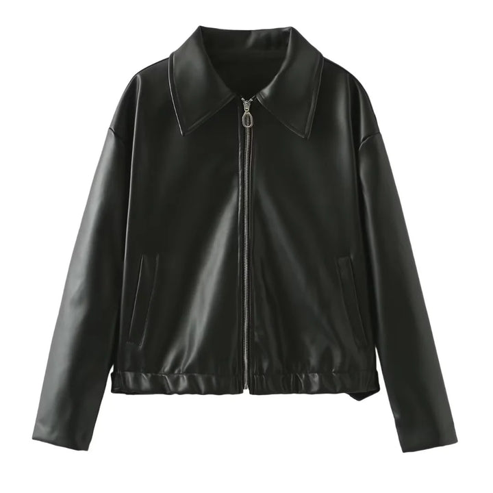 Damen nan kastig geschnittene Kunstlederjacke mit durchgehendem Reißverschluss und elastischem Saum Drune
