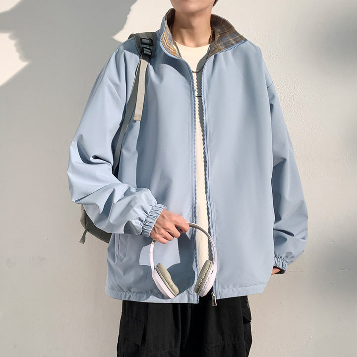 Herren Oversize‑Utility Übergangsjacke mit Reißverschluss und kontrastierendem Karo‑Innenkragen Drune