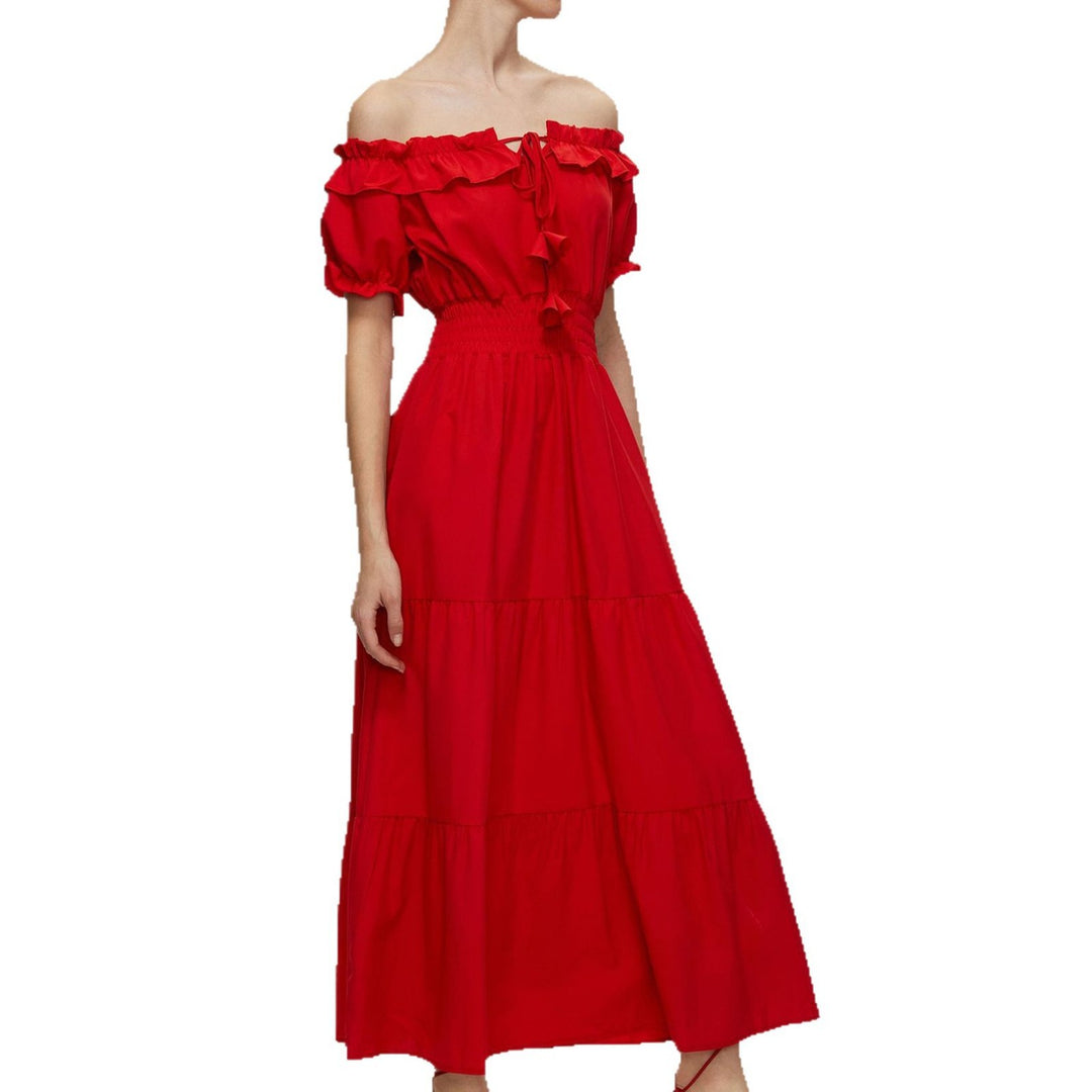 Damen Off-Shoulder Maxikleid mit elastischem Taillenbund und Rüschendetails Drune