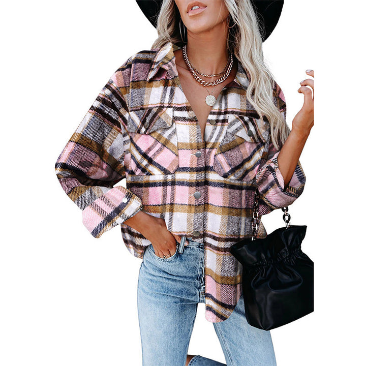 Damen karierte Flanelljacke mit praktischen Taschen und lässigem Schnitt Drune