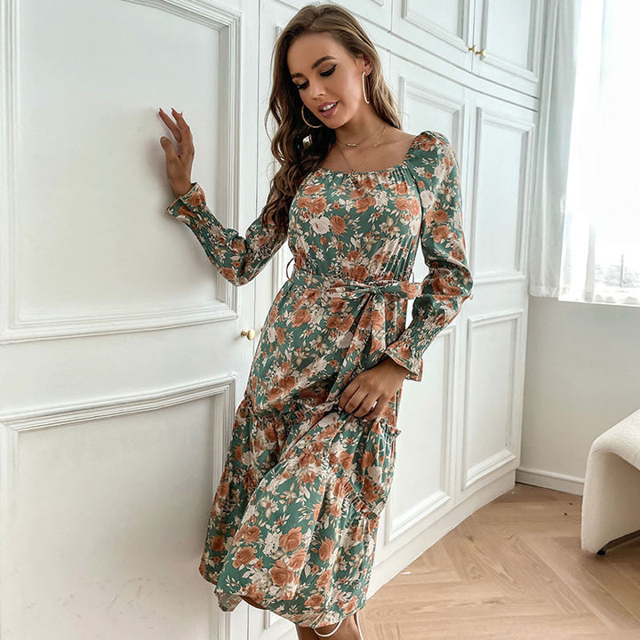 Damen Midikleid mit quadratischem Ausschnitt, Stufenrock, Puffärmmel und Taillengürtel Drune