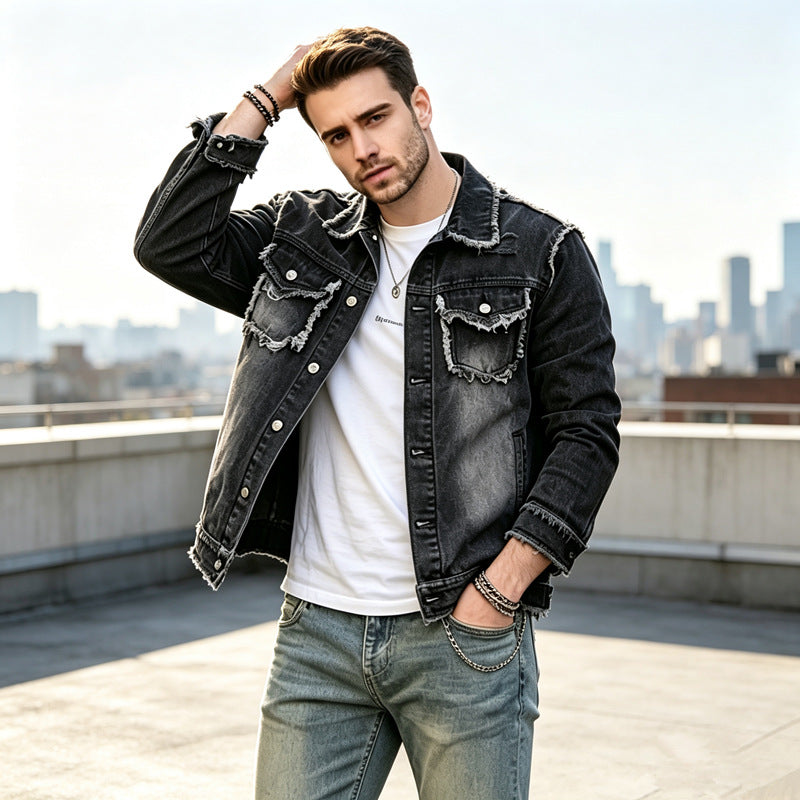 Herren Modische Jeansjacke mit Fransen Drune