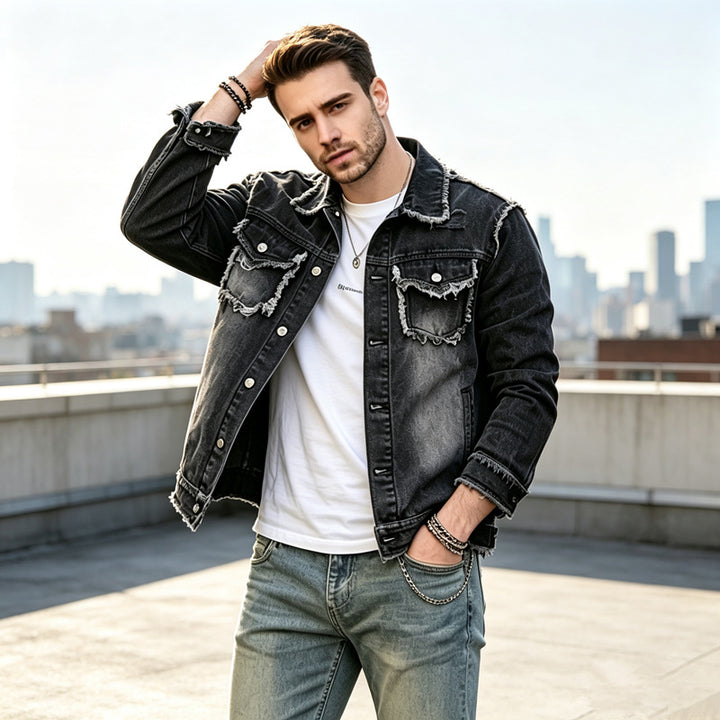 Herren Modische Jeansjacke mit Fransen Drune