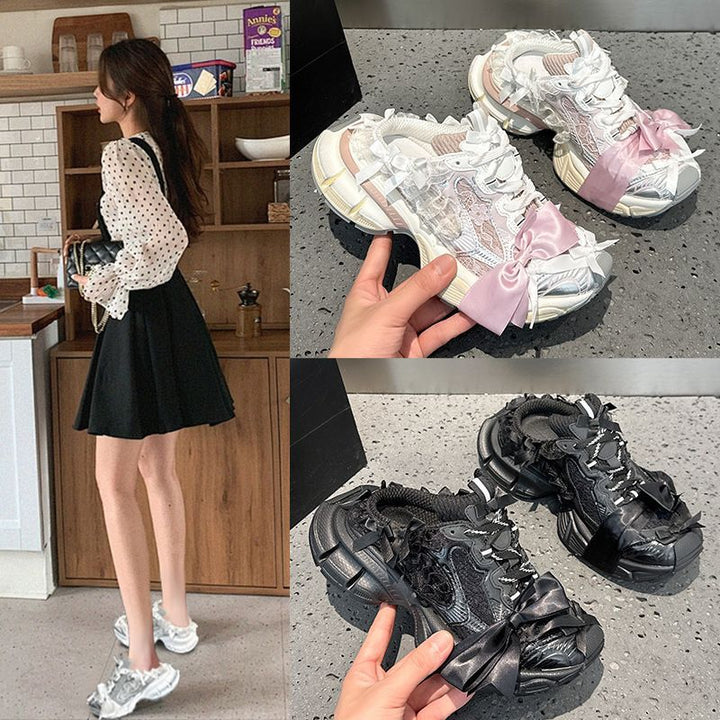 Damen Chunky-Sneaker-Mule mit Satin‑Schleife und Spitzenapplikation Drune