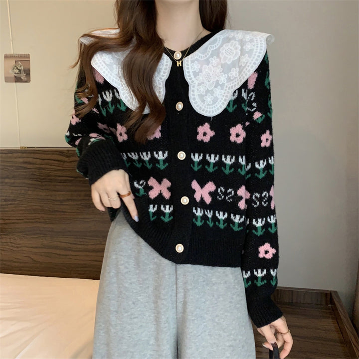 Damen modische Strickjacke mit Spitzenkragen und Floral-Design Drune