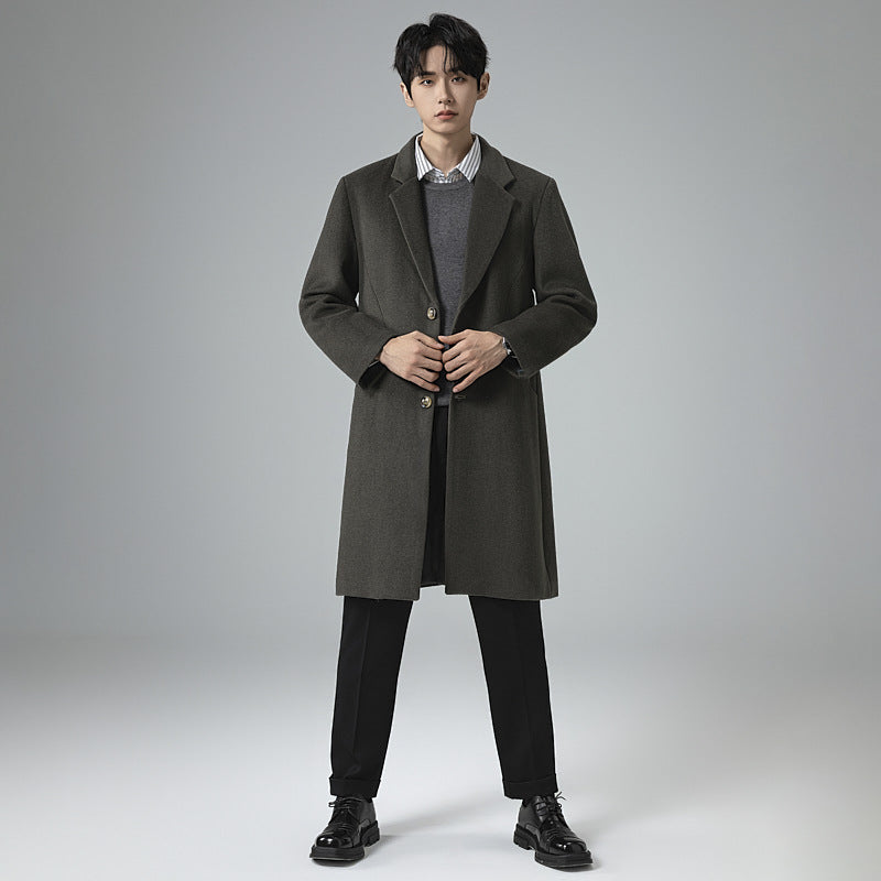 Herren Eleganter Longline-Wollmantel mit minimalistischem Revers und taillierter Silhouette Drune