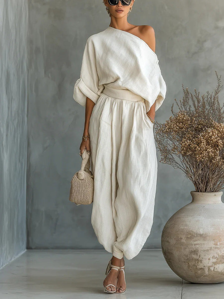 Damen Leinen-Set mit One-Shoulder-Oberteil und weiten Haremshosen Drune