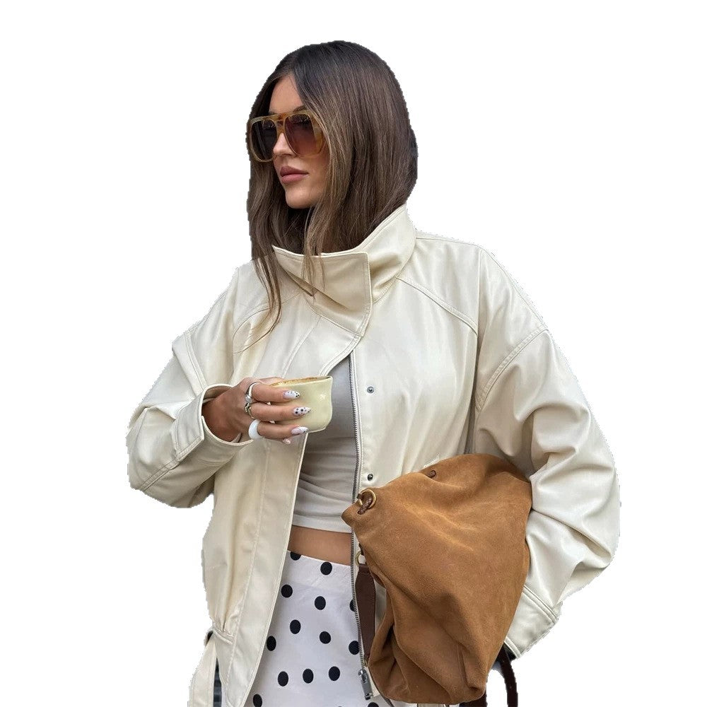 Damen Oversize Kunstlederjacke mit hohem Stehkragen und Tunnelzug Drune