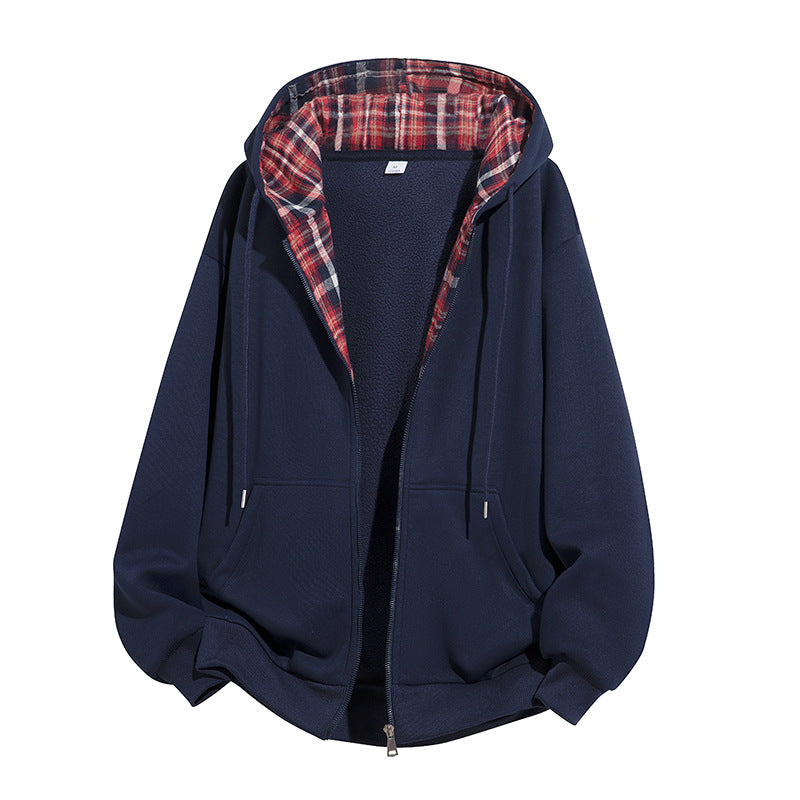 Herren Kapuzenjacke mit Teddy‑Fleece‑Futter und kariertem Kapuzeninnenfutter, durchgehendem Reißverschluss Drune