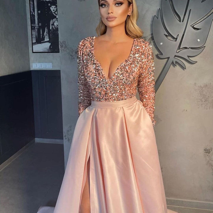 Damen Glamouröses Abendkleid mit tiefem V-Ausschnitt und schimmernden Pailletten Drune