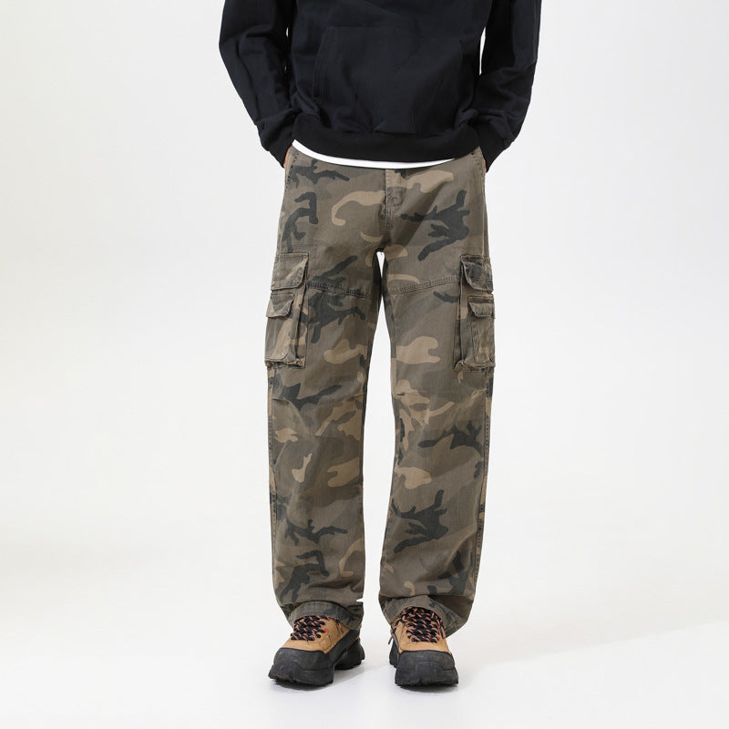 Herren Cargo-Hose mit Camouflage-Muster, Relaxed-Fit, Mehrfach-Taschen und Kordelzug am Saum Drune