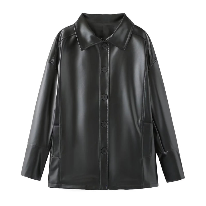 Damen nan oversized Kunstleder-Hemdjacke mit Hemdkragen, durchgehender Knopfleiste und aufgesetzten Eingrifftaschen Drune