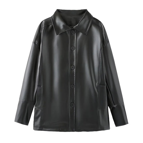 Damen nan oversized Kunstleder-Hemdjacke mit Hemdkragen, durchgehender Knopfleiste und aufgesetzten Eingrifftaschen Drune