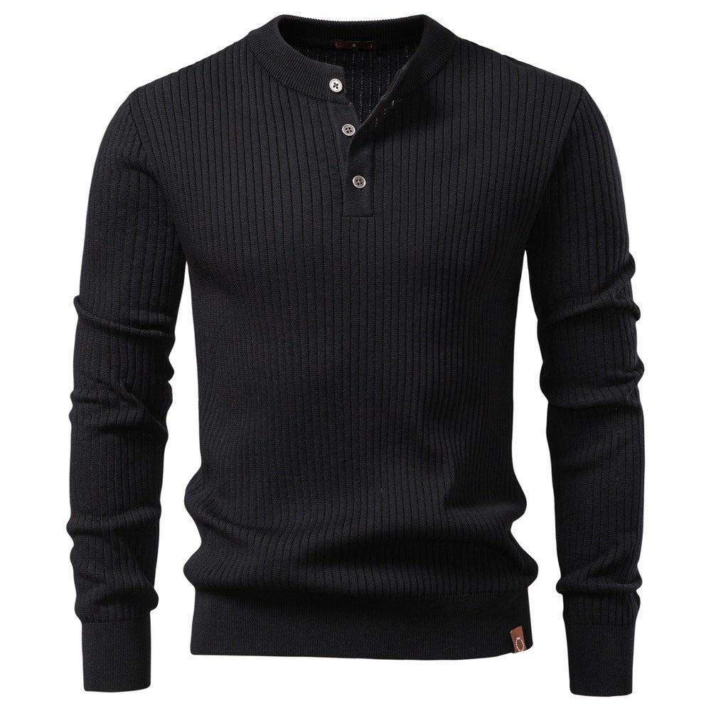 Herren nan gerippter Langarm-Henleypullover mit Stehkragen, feinem Rippstrick und schmaler Passform Drune