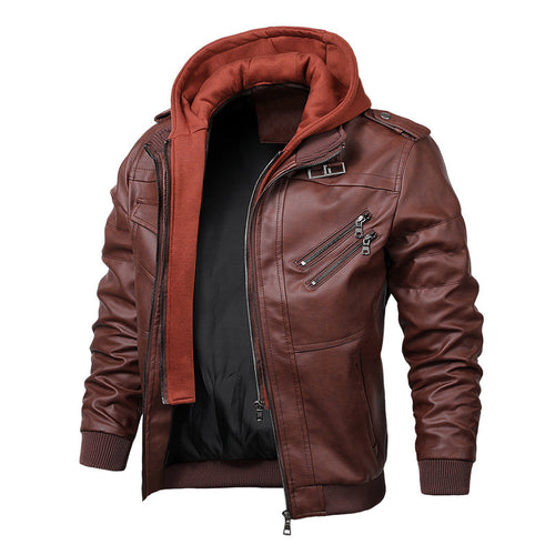 Herren stylische Kunstlederjacke mit Kapuze Drune