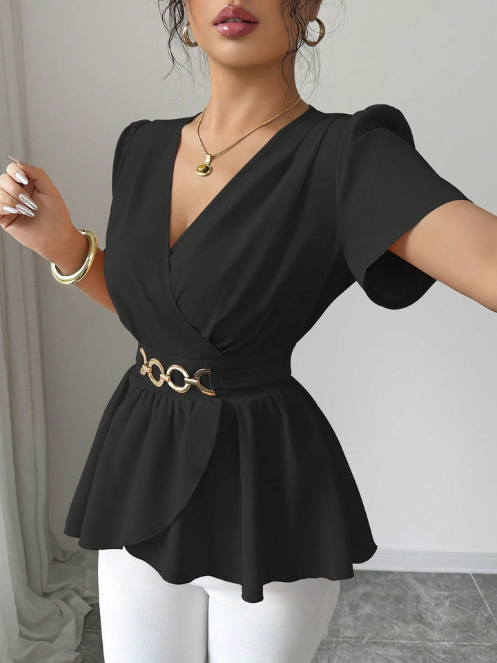 Damen Wickelbluse mit Taillen-Gürtel und asymmetrischem Volant Drune