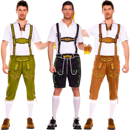 Herren nan kurze Trachtenlederhose mit verstellbaren Hosenträgern und besticktem Latz Drune