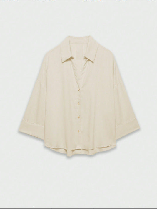 Damen Leichte Oversize Leinenoptik Bluse mit Dreiviertelärmeln und durchgehender Knopfleiste Drune