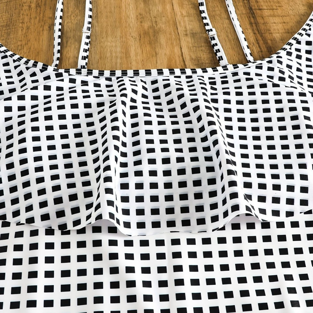 Damen Badeanzug-Set mit Rüschendetails und elegantem Karomuster Drune