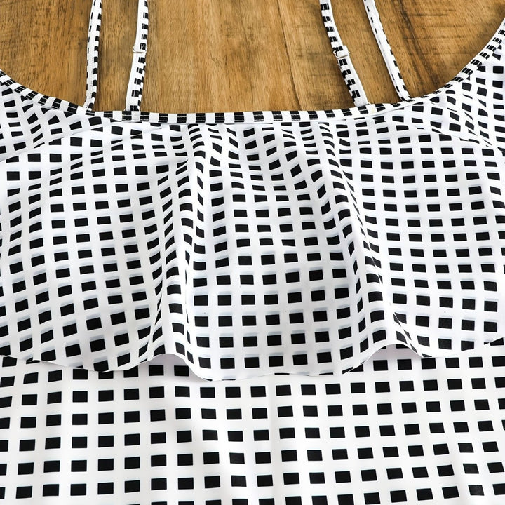 Damen Badeanzug-Set mit Rüschendetails und elegantem Karomuster Drune