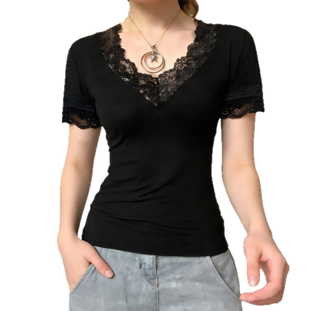 Damen Elegantes Spitzen-T-Shirt mit V-Ausschnitt und Kurzarm Drune