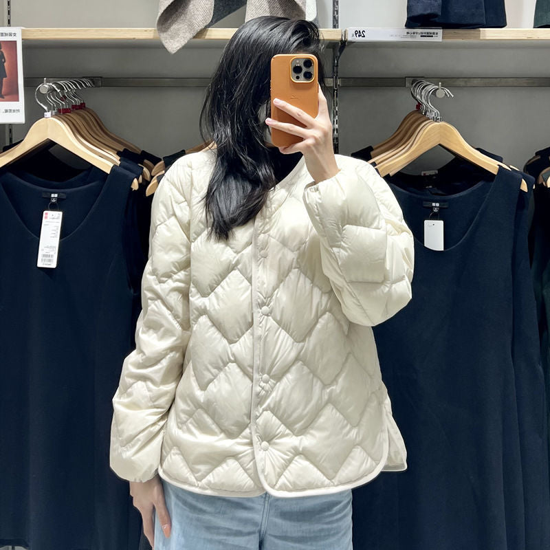 Damen Gesteppte Kurzjacke mit Diamantsteppung, Rundhalsausschnitt und Druckknöpfen Drune