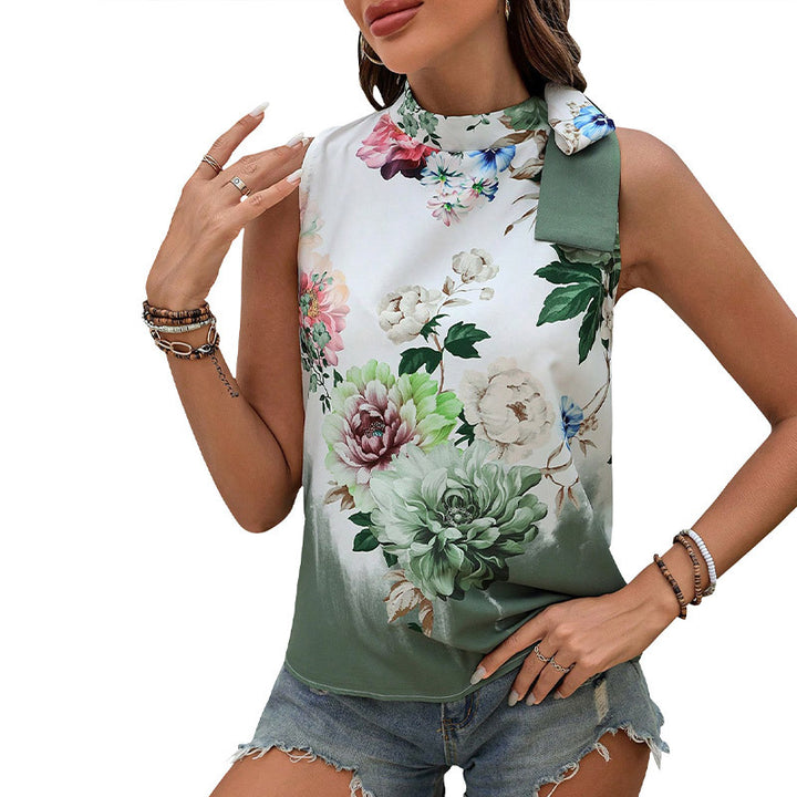 Damen ärmelloses Oberteil mit floralem Seidenstoff und elegantem Stehkragen Drune