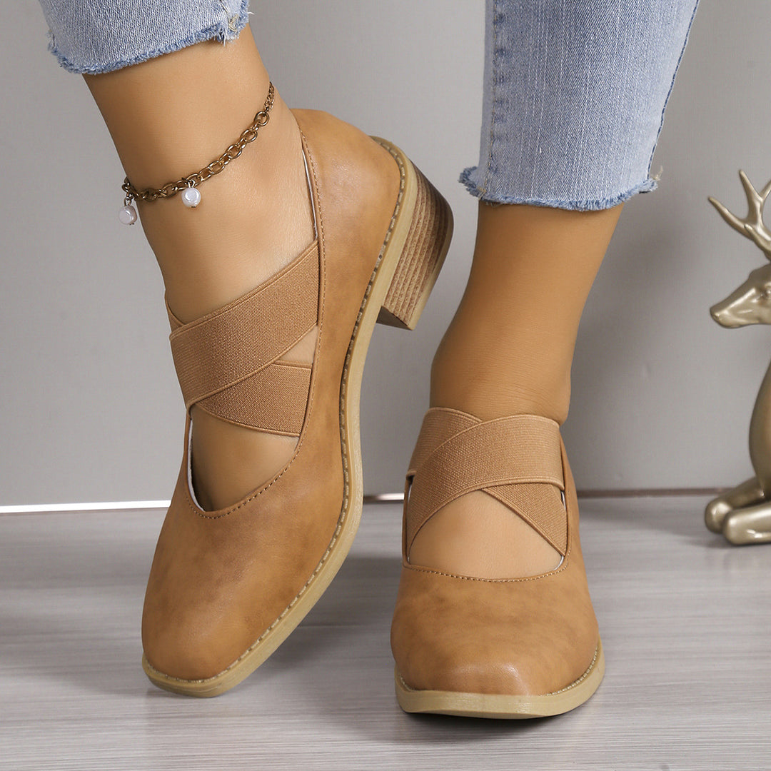 Damen Slipper-Pumps mit kreuzenden Elastikriemen und Blockabsatz Drune