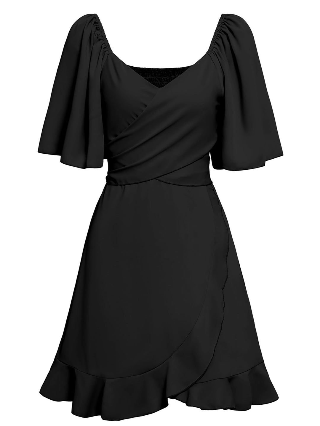 Drune | Lässiges Kreuz V-Ausschnitt Kurzarm Wickel Einfarbig Mini Kleid