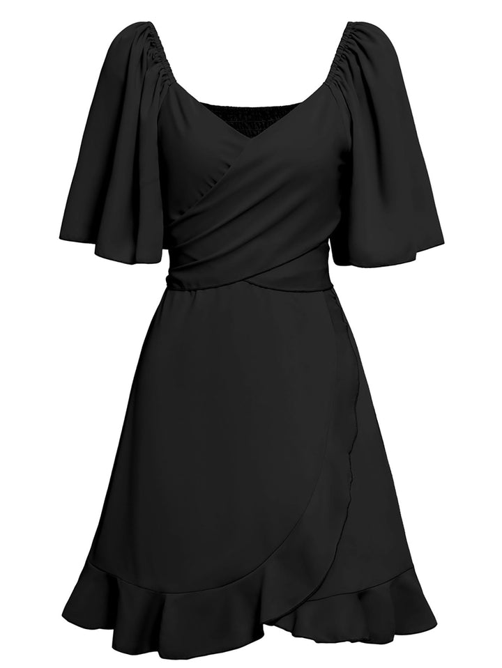 Drune | Lässiges Kreuz V-Ausschnitt Kurzarm Wickel Einfarbig Mini Kleid