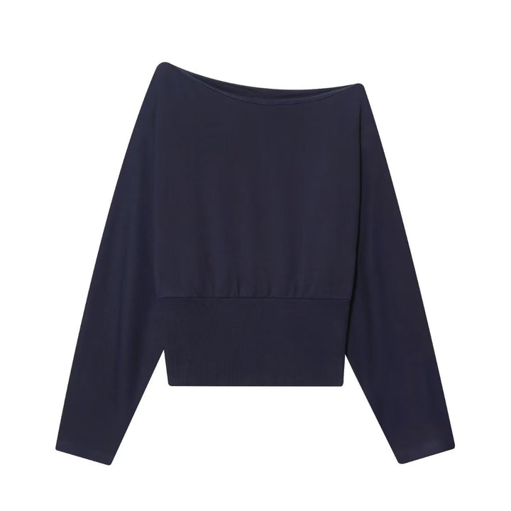 Damen Oversize Off-Shoulder Cropped-Pullover mit Fledermausärmeln und breitem Rippbündchen Drune