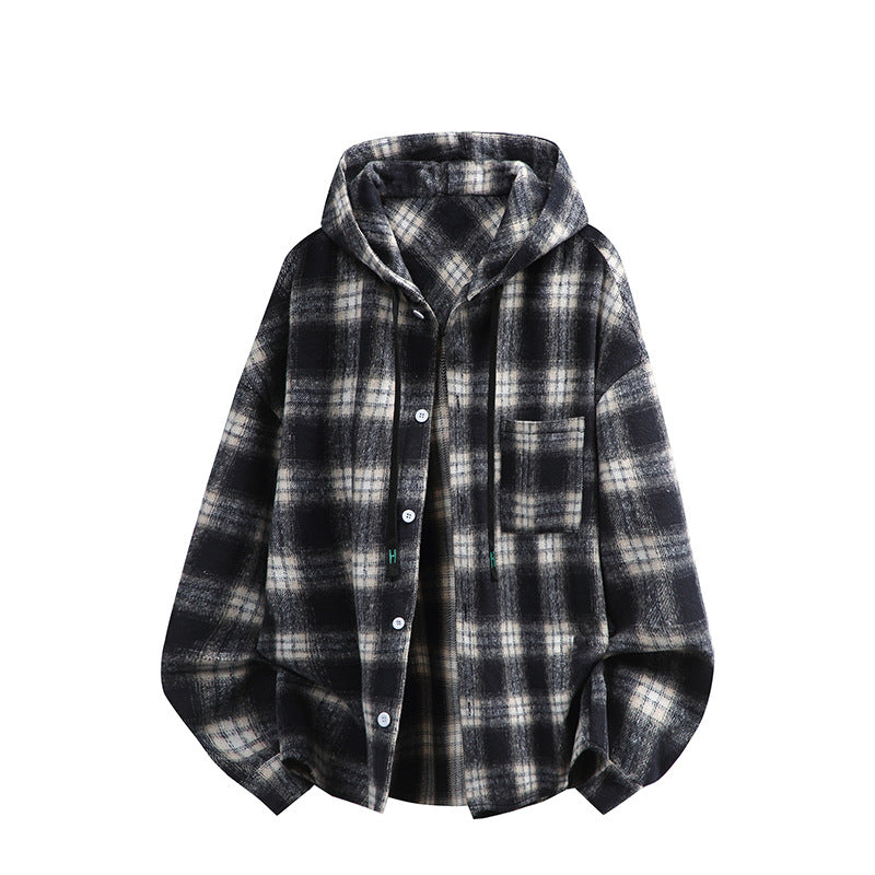 Unisex nan oversized Kapuzen-Hemdjacke aus Flanell mit Karomuster und Brusttasche Drune