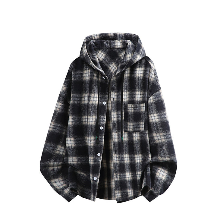Unisex nan oversized Kapuzen-Hemdjacke aus Flanell mit Karomuster und Brusttasche Drune