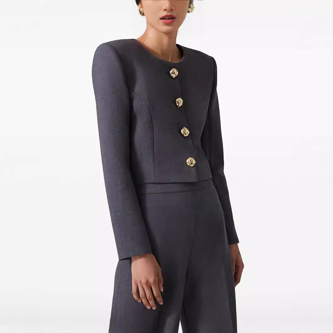 Damen Zweiteiliger Tailoring-Anzug Kurzblazer mit markanter Schulter und hochtaillierter Palazzohose Drune