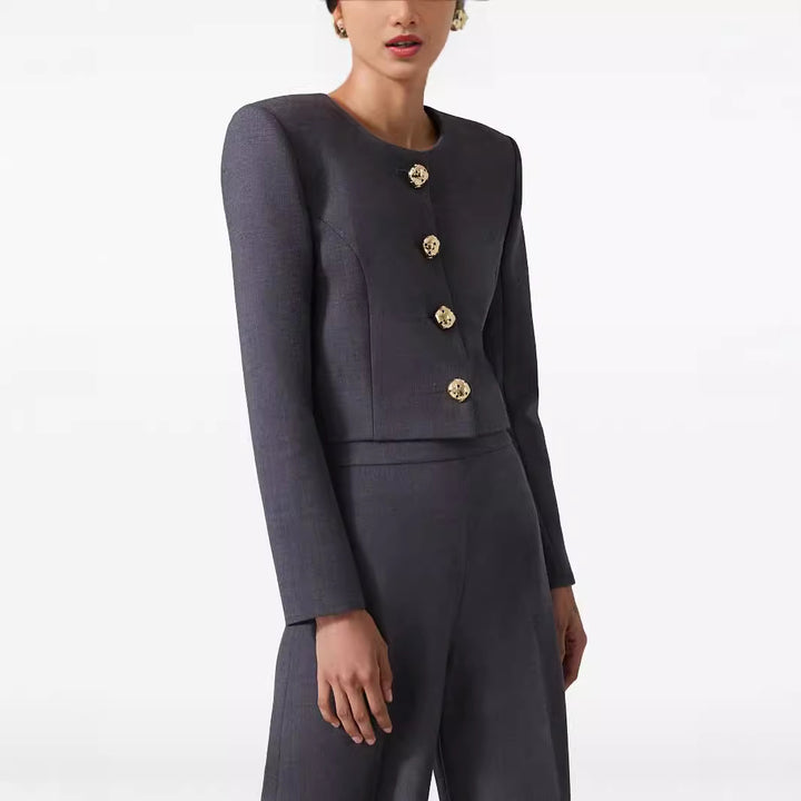 Damen Zweiteiliger Tailoring-Anzug Kurzblazer mit markanter Schulter und hochtaillierter Palazzohose Drune