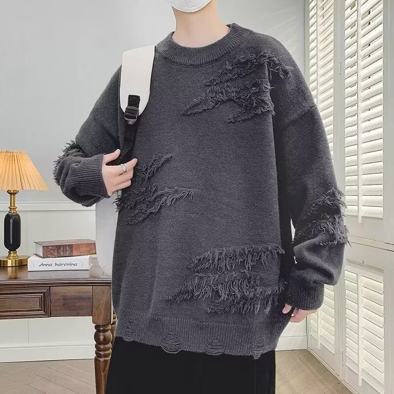 Damen Modischer Grobstrickpullover mit Fransen Drune