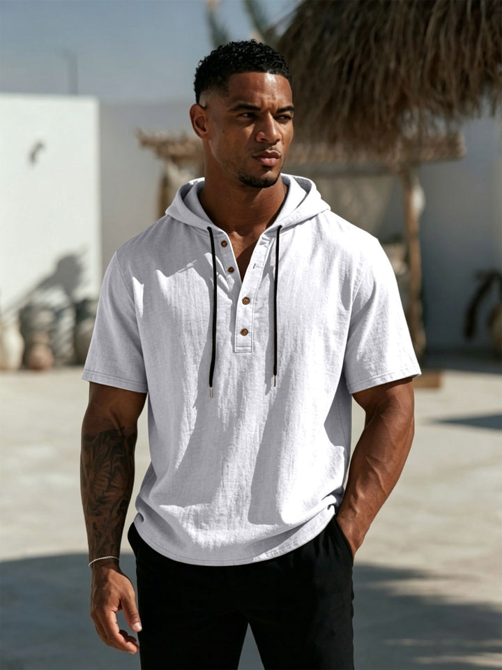 Herren Kurzarm-Hoodie-Henley aus Leinenoptik mit Knopfleiste Drune