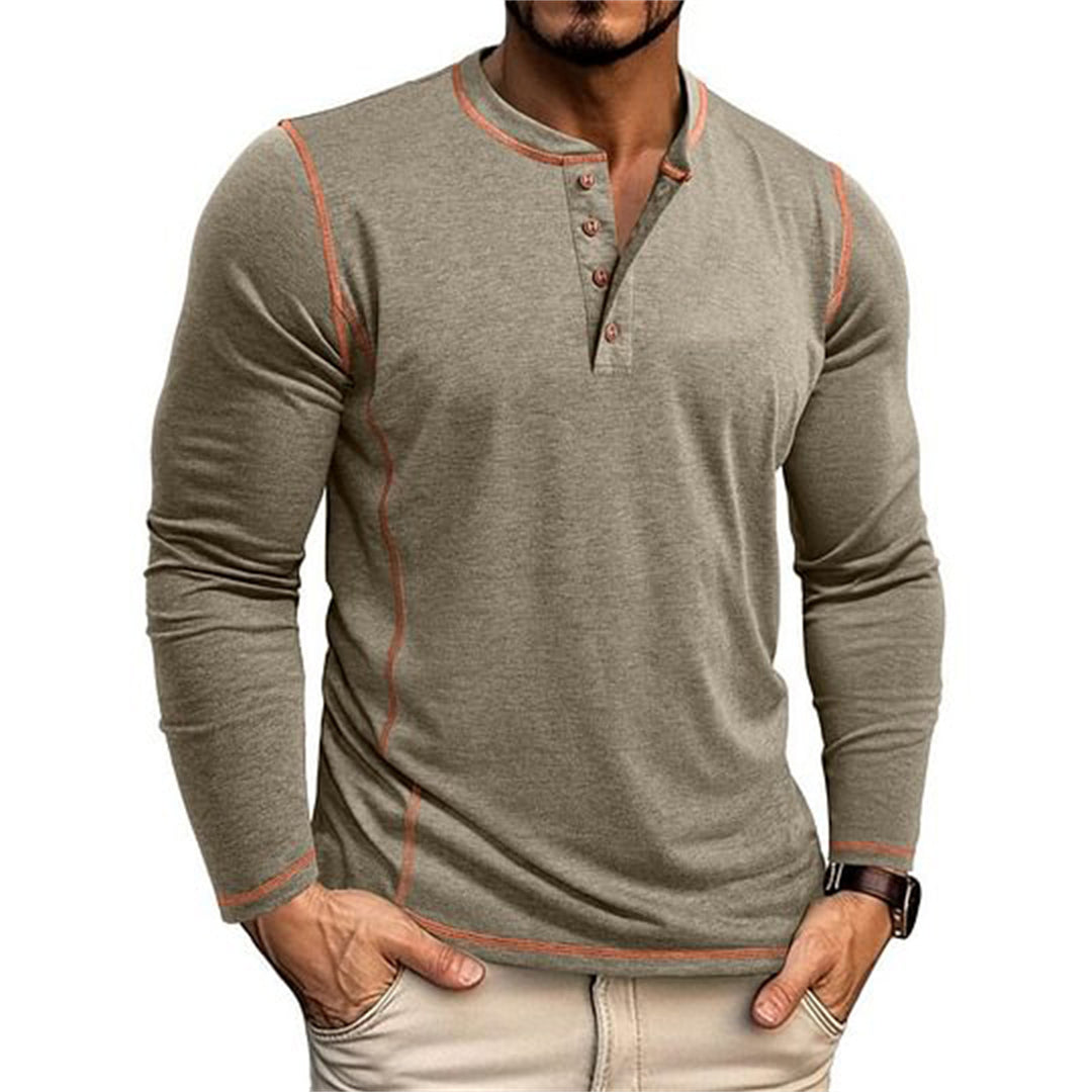 Herren Elastisches Langarm-Henley-Shirt mit Kontrastnähten und Knopfleiste EB