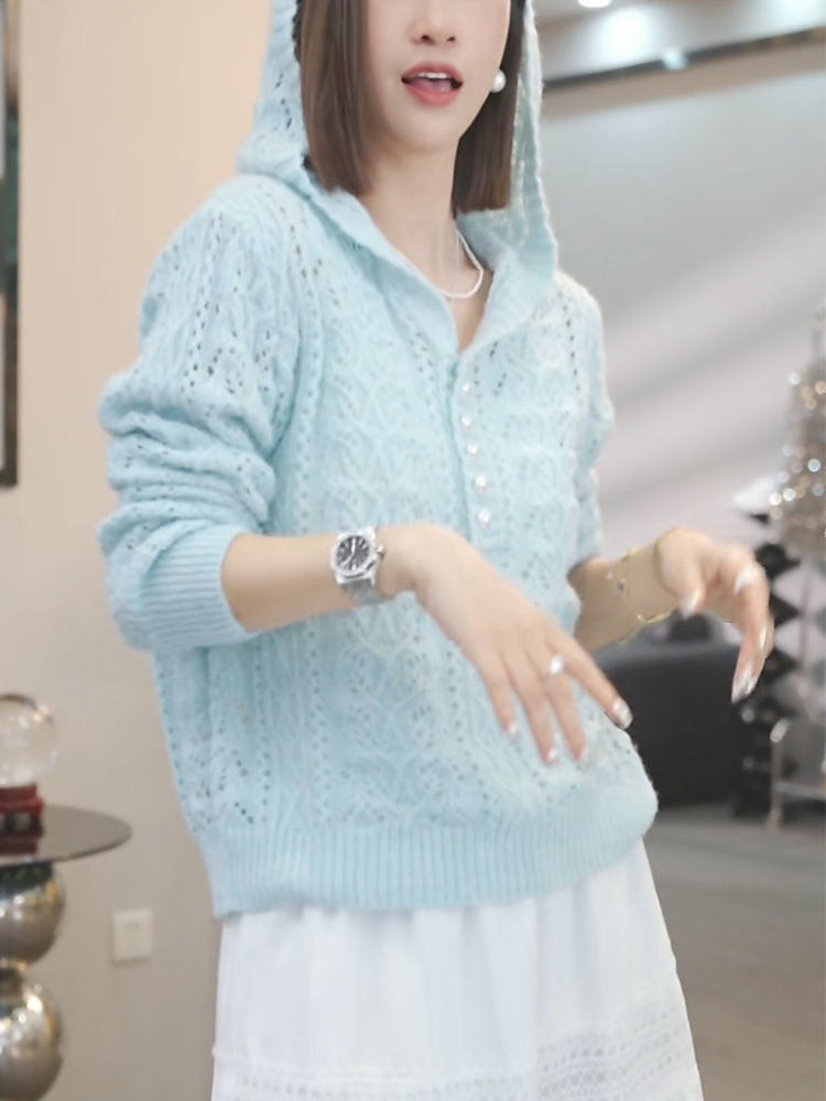 Damen Strickpullover mit Kapuze und edlen Knopfdetails Drune