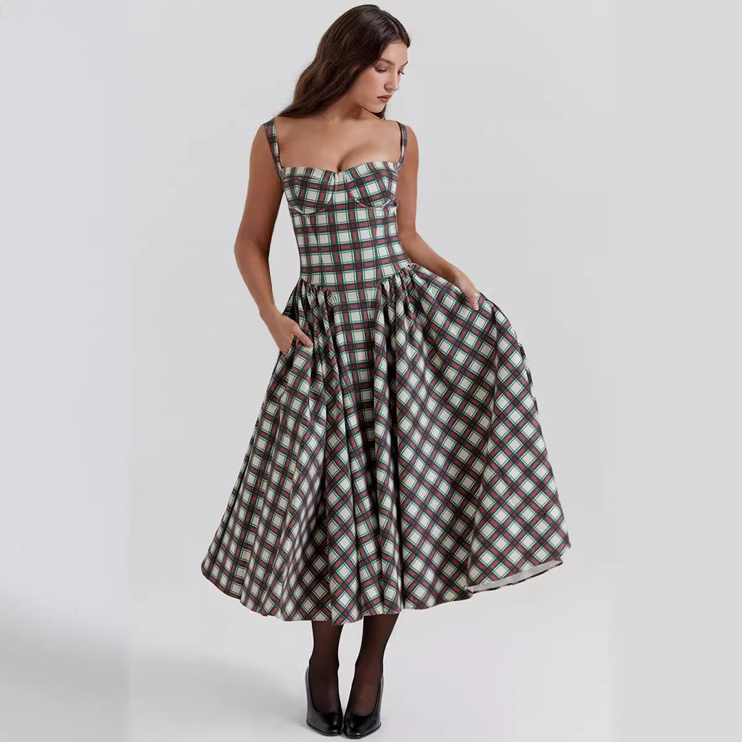 Damen Freizeitliches Midikleid mit kariertem Design und tiefem Ausschnitt Drune