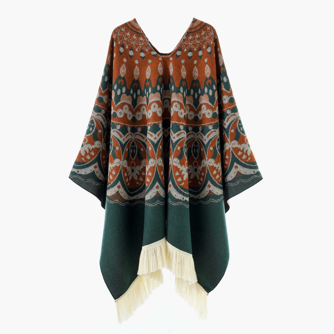 Damen Gewebter Jacquard-Poncho mit V-Ausschnitt, Ethno‑Print und Fransen Drune